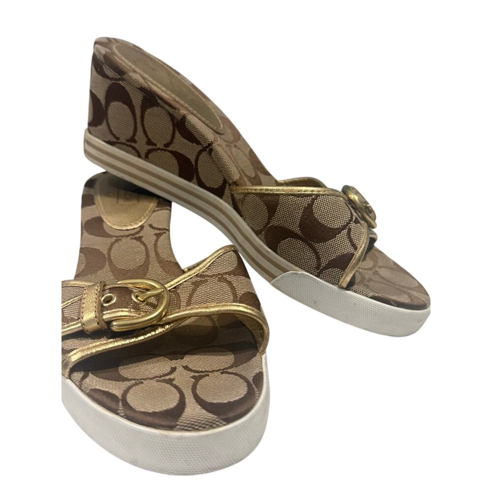Coach Perry Signature Monogram Wedge Sandals – Gold & Khaki Canvas - Picture 5 of 10
